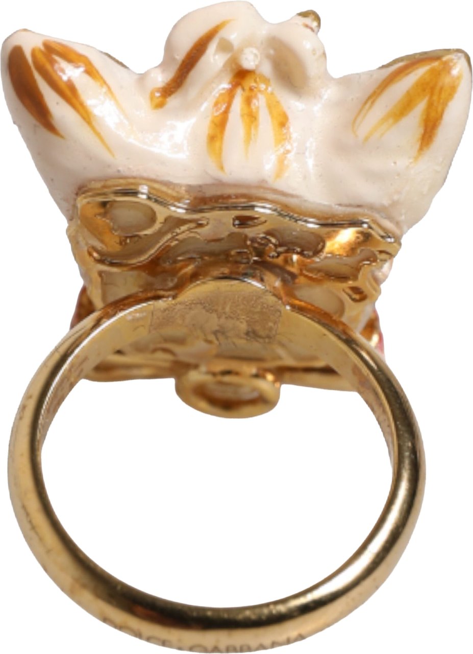 Dolce & Gabbana Gold Brass Resin Beige Dog Pet Accessory Ring Goud