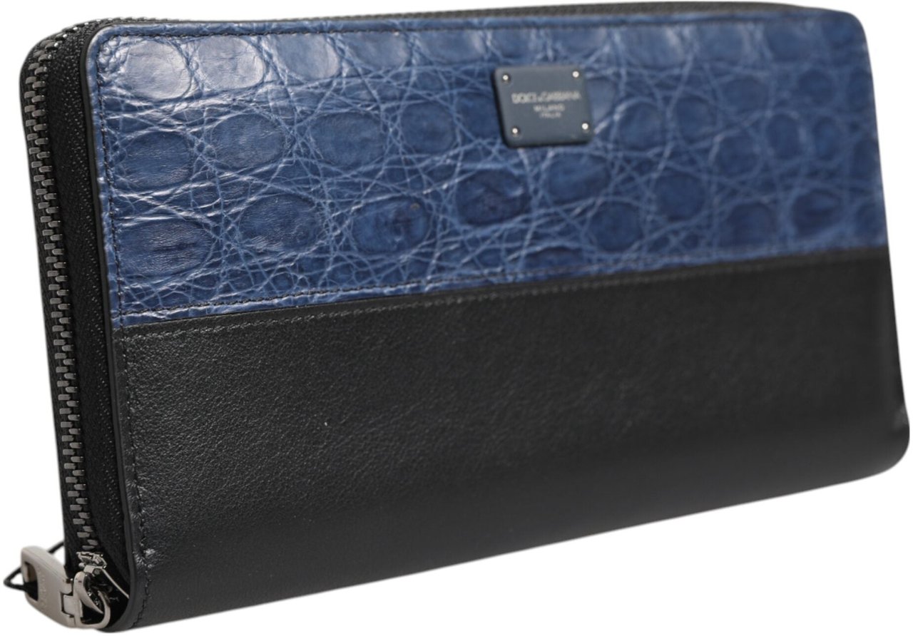 Dolce & Gabbana Black Blue Exotic Leather Men Continental Clutch Wallet Zwart