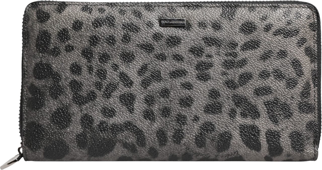 Dolce & Gabbana Black Gray Leopard Leather Zip Around Continental Wallet Zwart