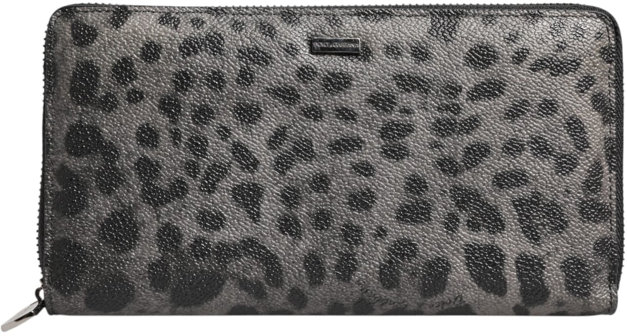 Dolce & Gabbana Black Gray Leopard Leather Zip Around Continental Wallet Zwart