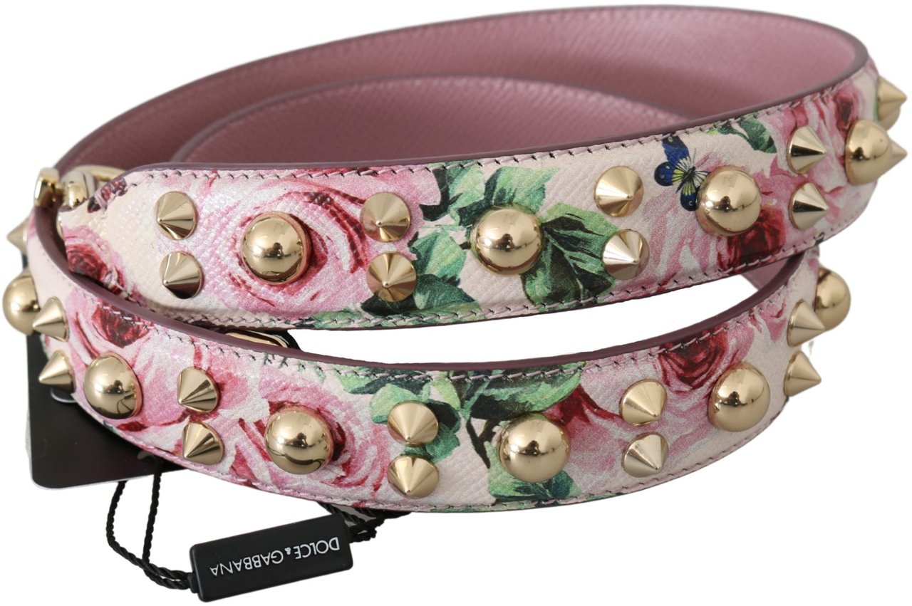 Dolce & Gabbana Pink Floral Leather Stud Accessory Shoulder Strap Roze