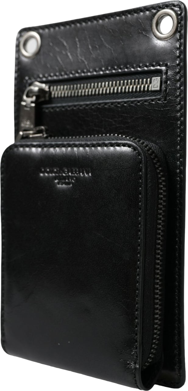 Dolce & Gabbana Wallet Black Horse Leather Zip Logo Cross Body Phone Slot Zwart