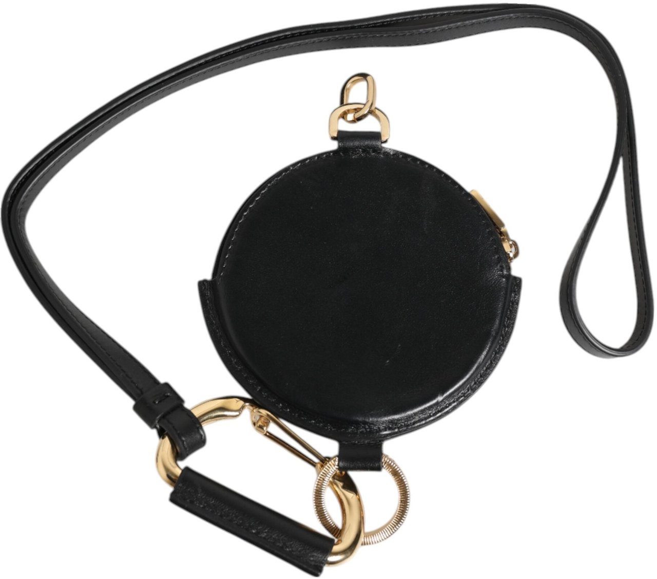 Dolce & Gabbana Black Round Leather DG Logo Coin Purse Lanyard Wallet Zwart