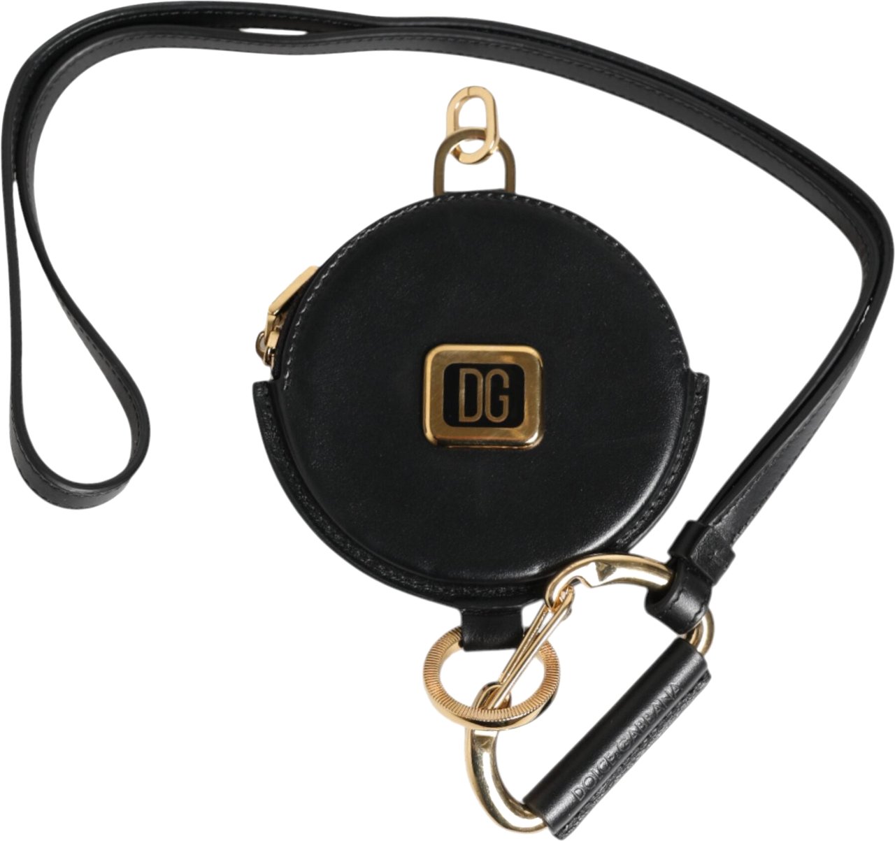 Dolce & Gabbana Black Round Leather DG Logo Coin Purse Lanyard Wallet Zwart