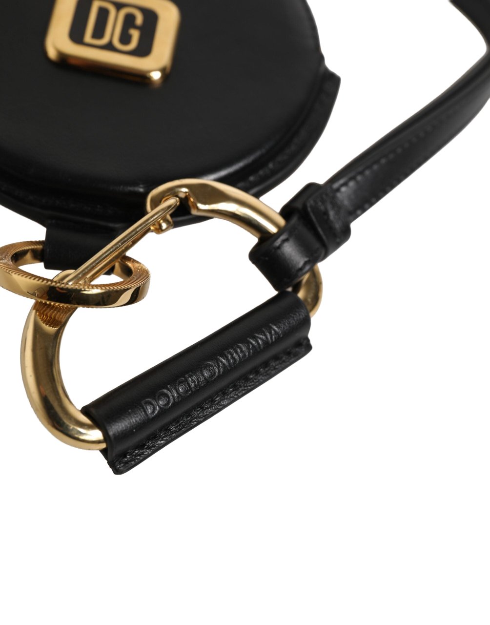Dolce & Gabbana Black Round Leather DG Logo Coin Purse Lanyard Wallet Zwart