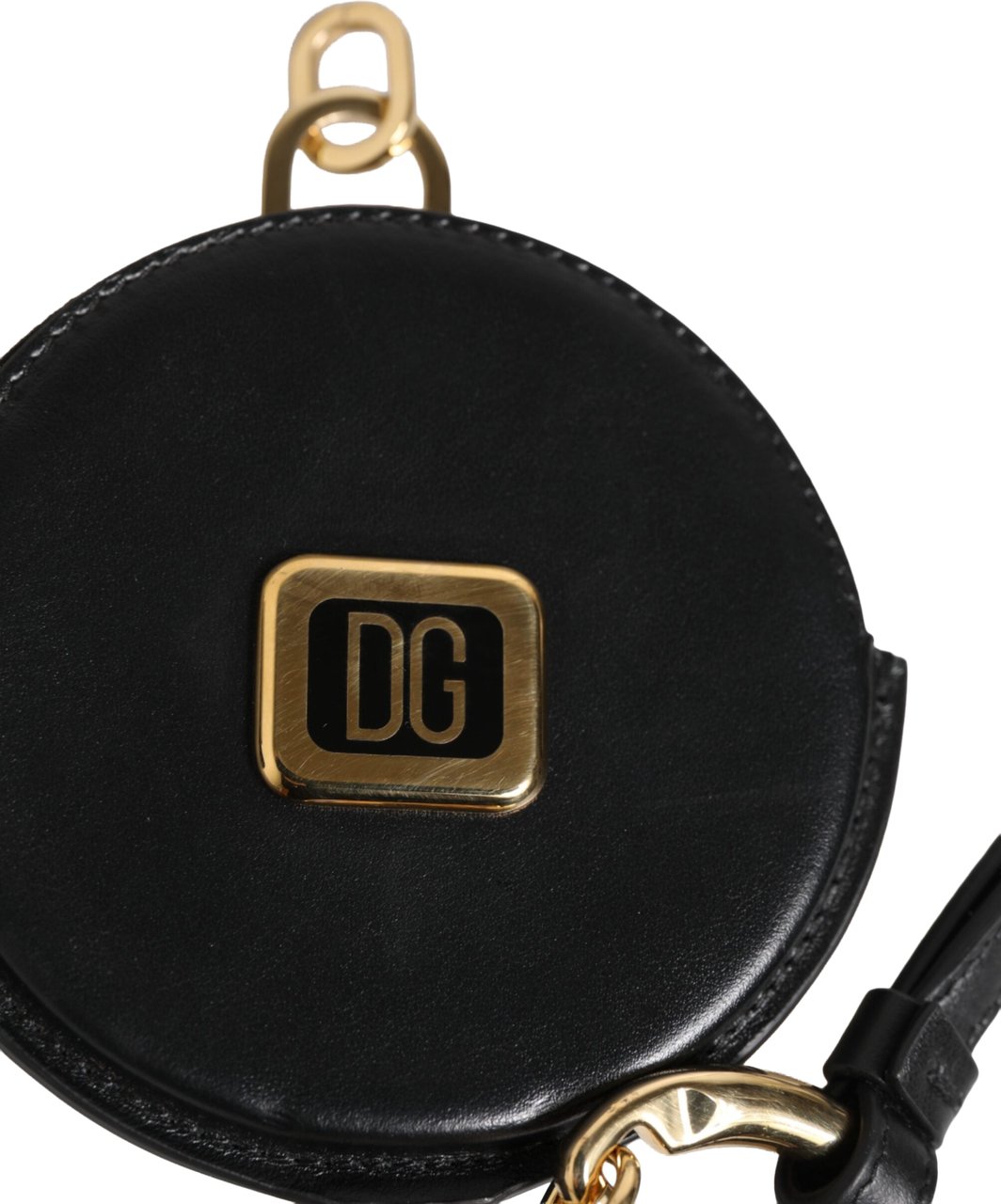 Dolce & Gabbana Black Round Leather DG Logo Coin Purse Lanyard Wallet Zwart