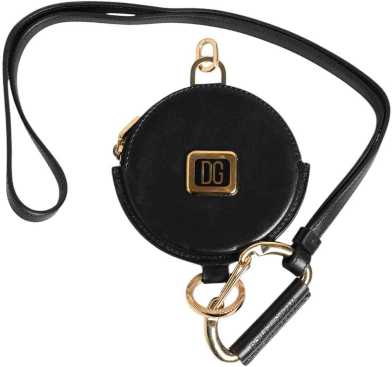 Dolce & Gabbana Black Round Leather DG Logo Coin Purse Lanyard Wallet Zwart