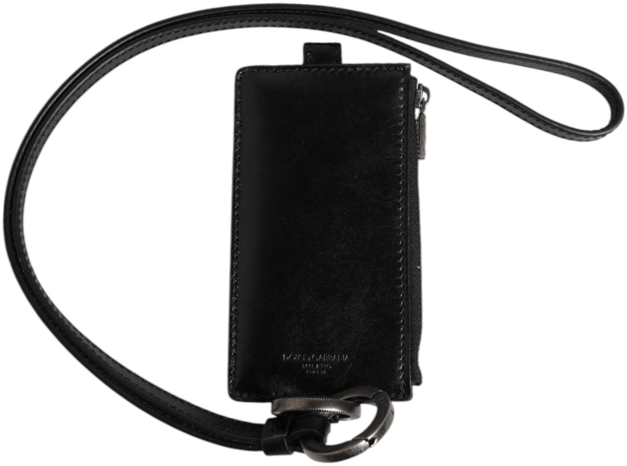 Dolce & Gabbana Black Leather Logo Embossed Lanyard Card Holder Wallet Zwart