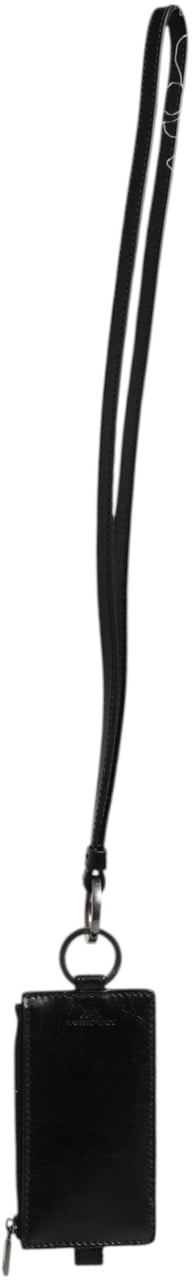 Dolce & Gabbana Black Leather Logo Embossed Lanyard Card Holder Wallet Zwart