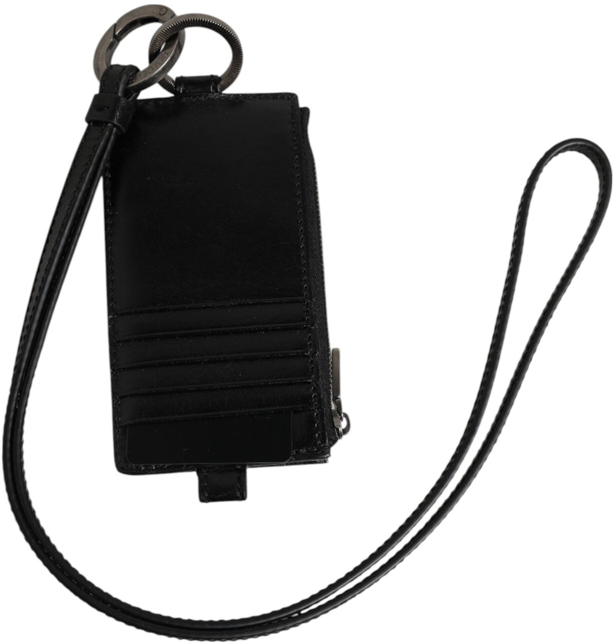 Dolce & Gabbana Black Leather Logo Embossed Lanyard Card Holder Wallet Zwart