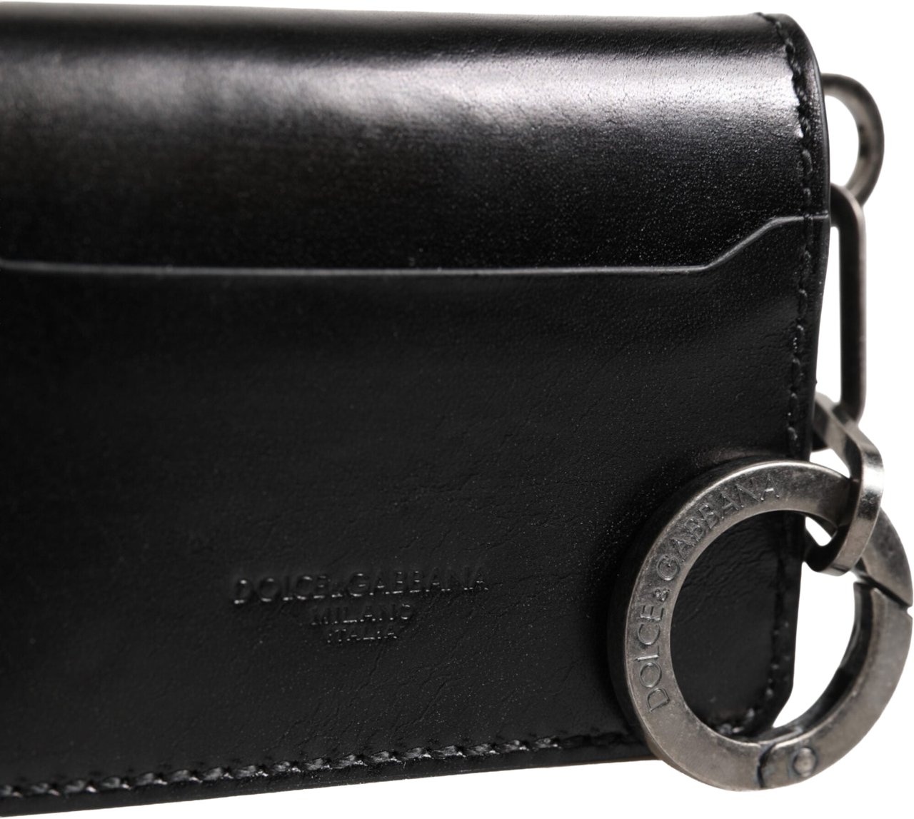 Dolce & Gabbana Wallet Black Leather Logo Embossed Key Chain Card Holder Wallet Zwart