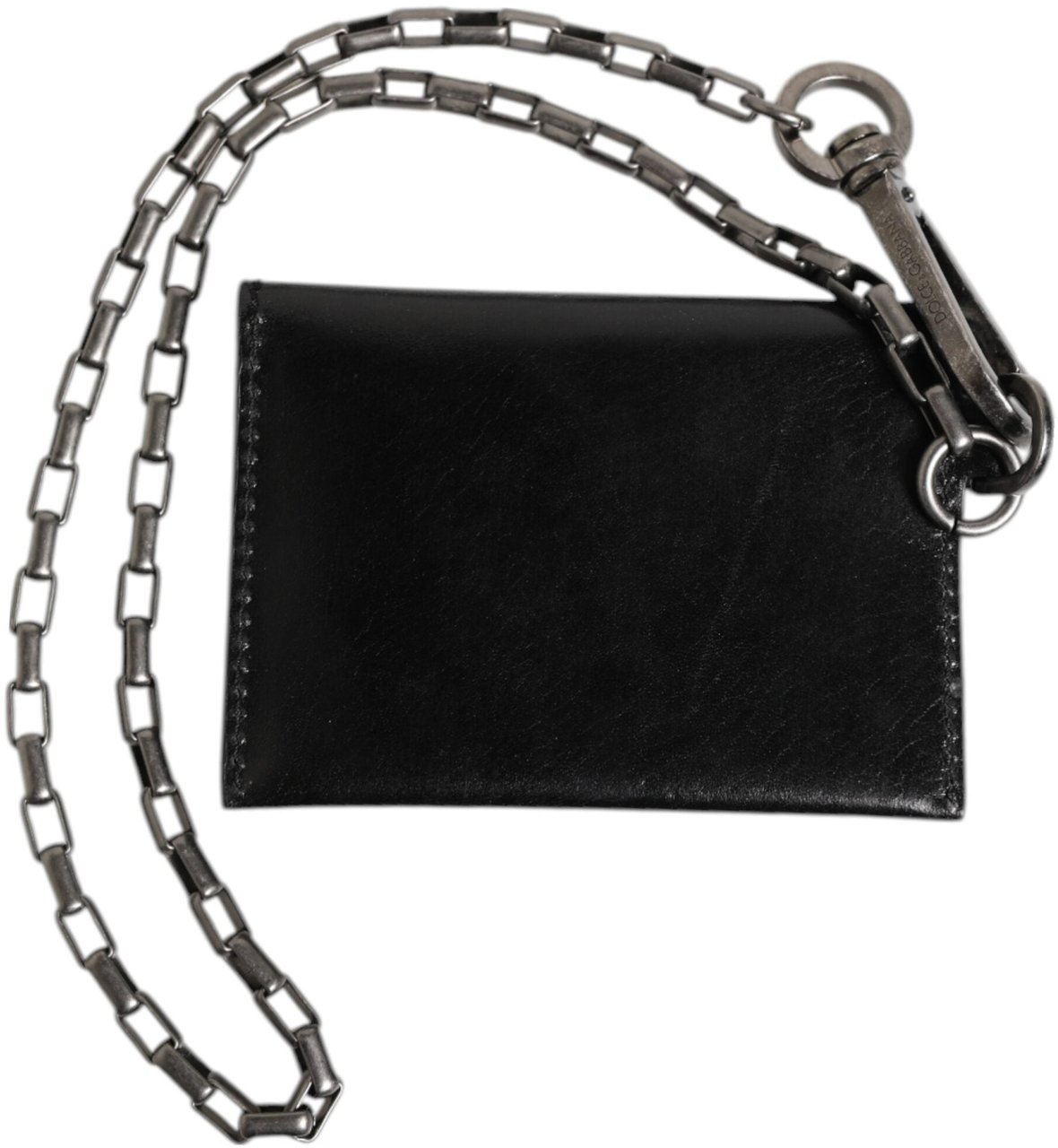 Dolce & Gabbana Black Cavallo Leather Wallet Chain Snap Bifold Card Holder Zwart
