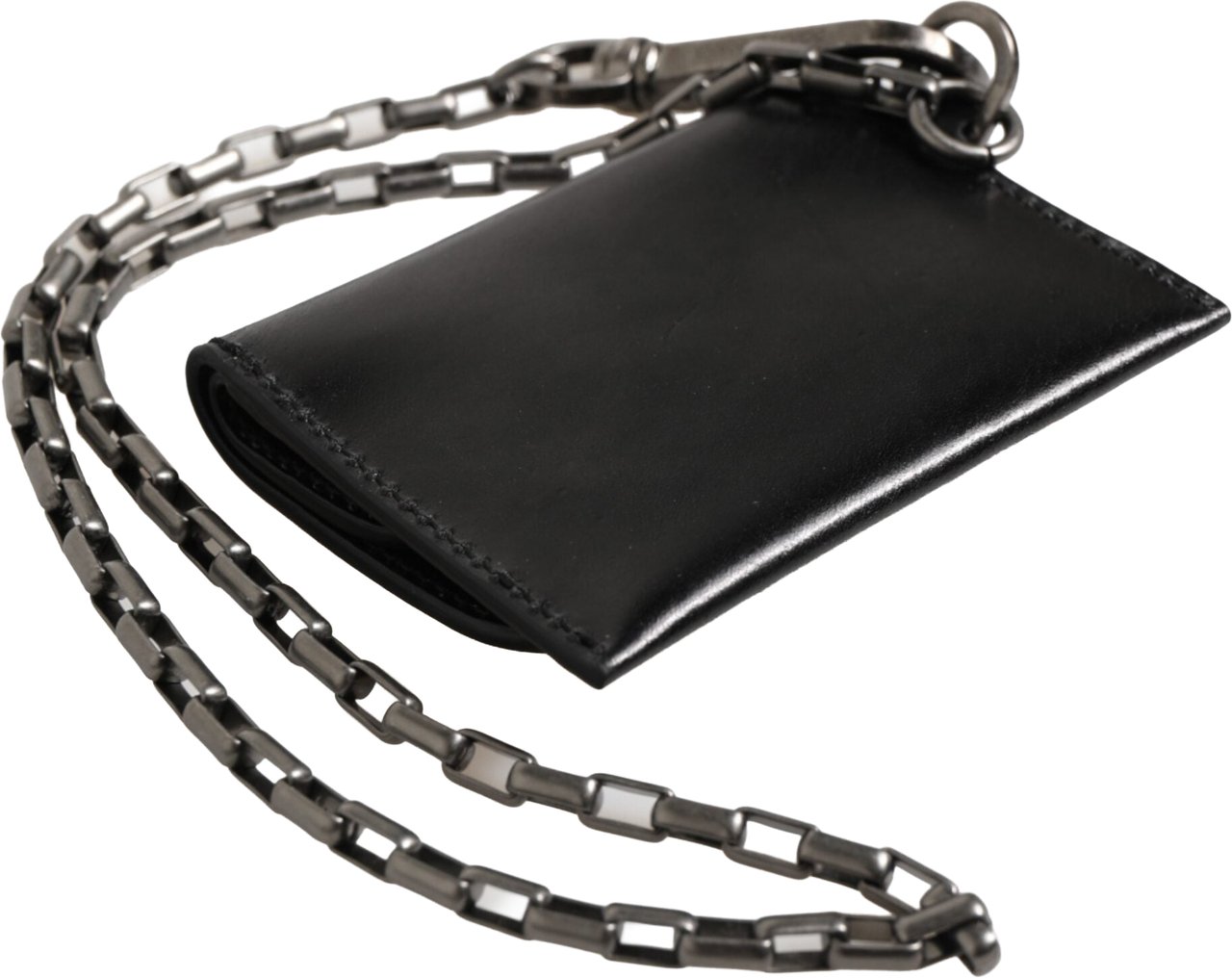 Dolce & Gabbana Black Cavallo Leather Wallet Chain Snap Bifold Card Holder Zwart