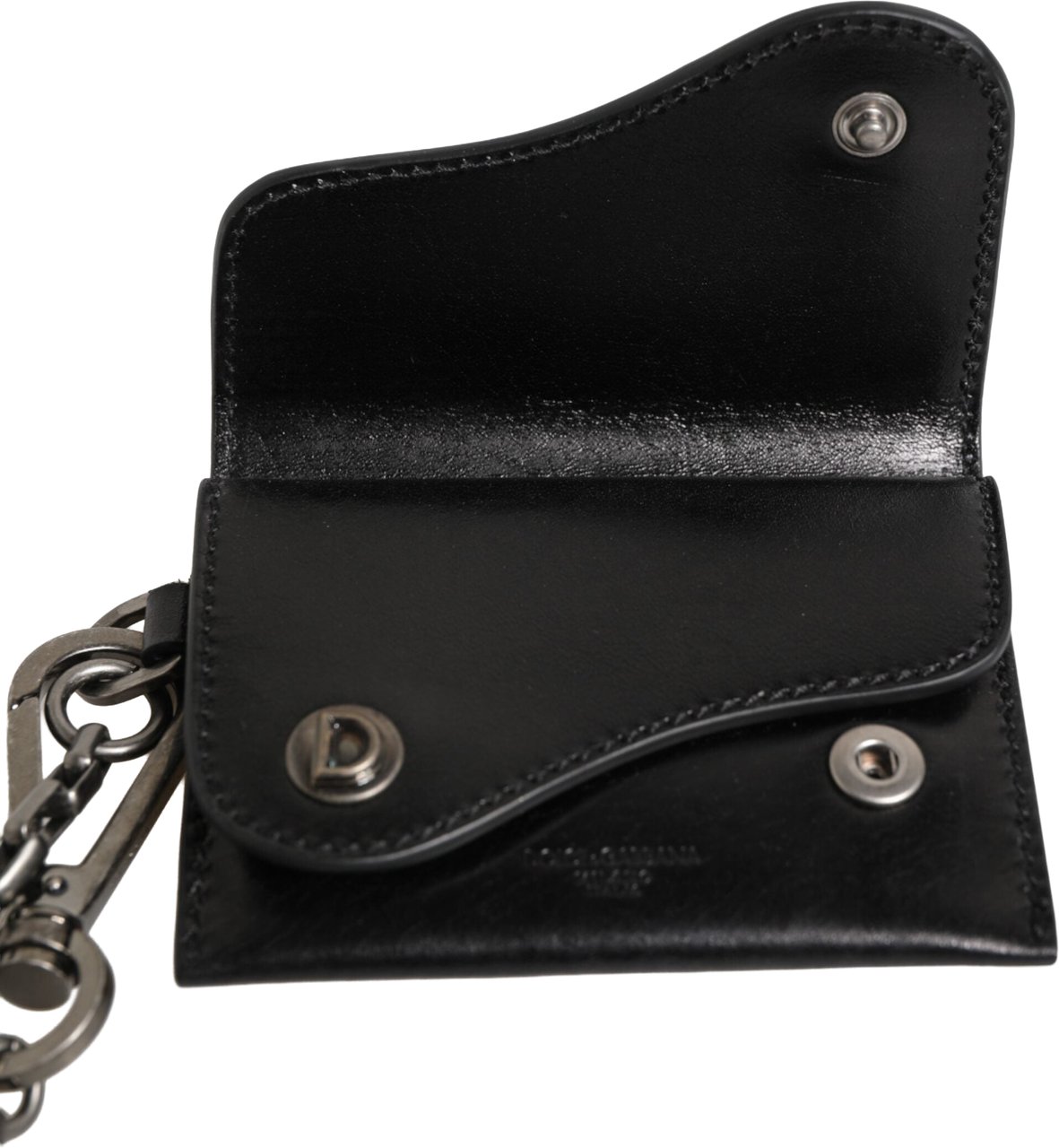 Dolce & Gabbana Black Cavallo Leather Wallet Chain Snap Bifold Card Holder Zwart