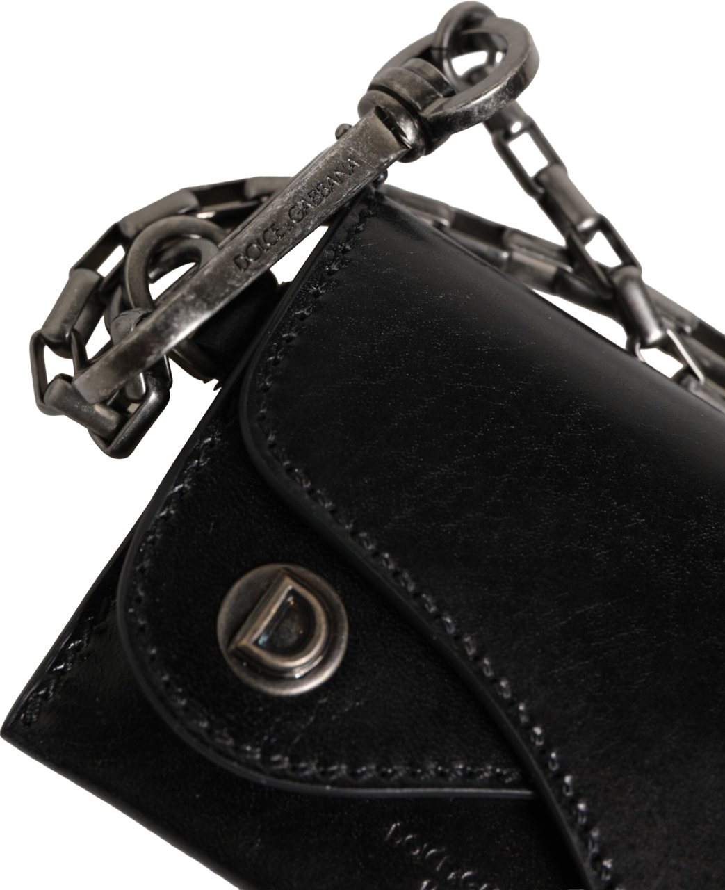 Dolce & Gabbana Black Cavallo Leather Wallet Chain Snap Bifold Card Holder Zwart