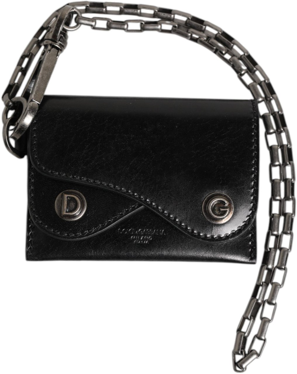 Dolce & Gabbana Black Cavallo Leather Wallet Chain Snap Bifold Card Holder Zwart