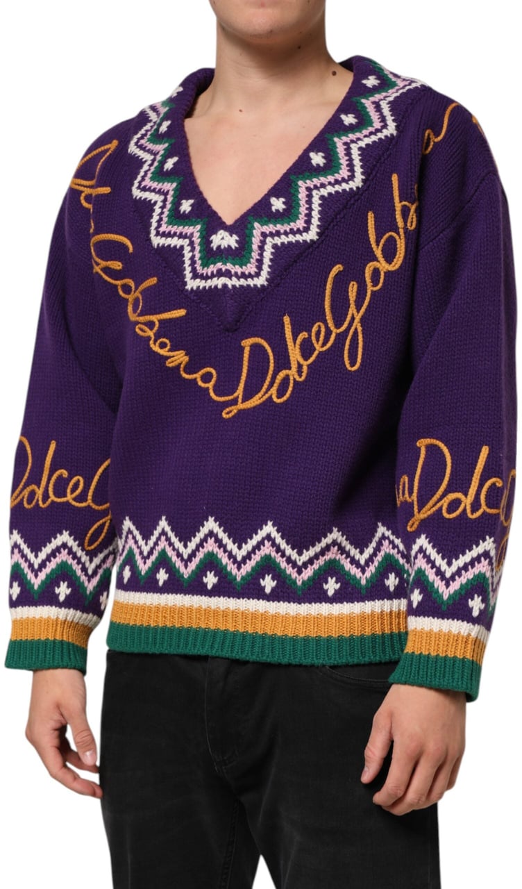 Dolce & Gabbana Purple Wool DG Logo Men Knit Pullover Sweater Geel
