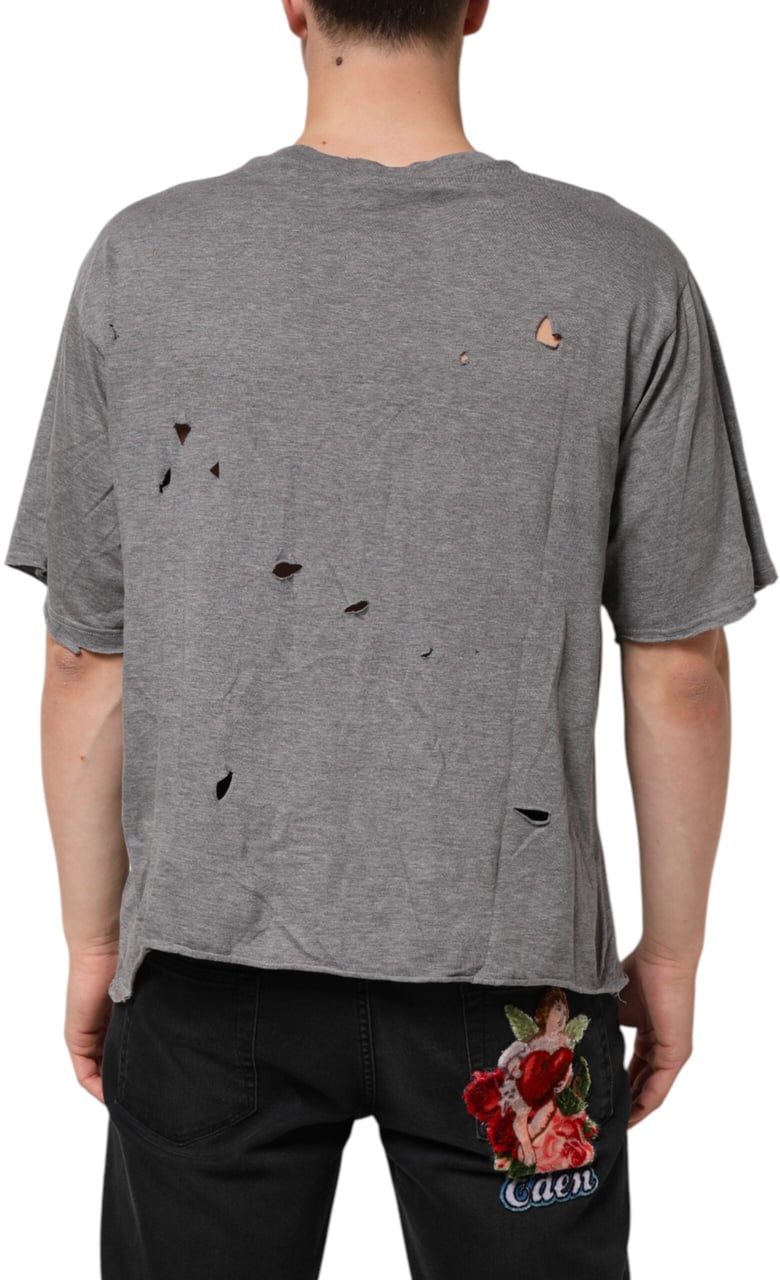 Dolce & Gabbana Gray Cotton Tattered Logo Patch Men T-shirt Zwart