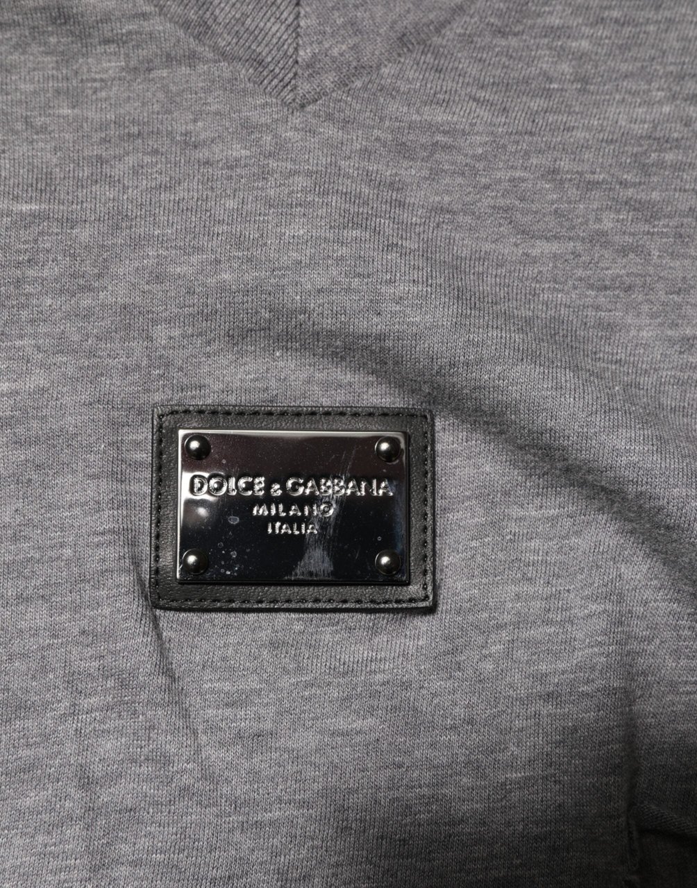 Dolce & Gabbana Gray Cotton Tattered Logo Patch Men T-shirt Zwart