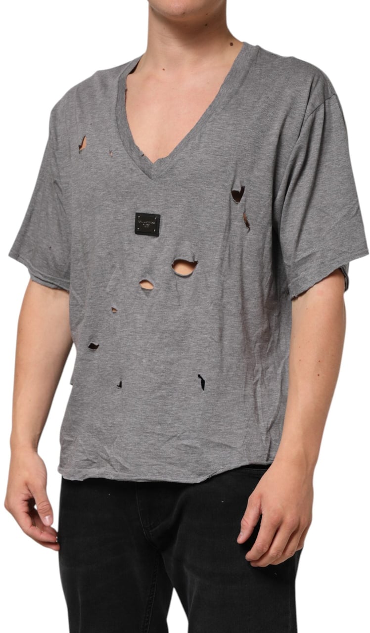 Dolce & Gabbana Gray Cotton Tattered Logo Patch Men T-shirt Zwart