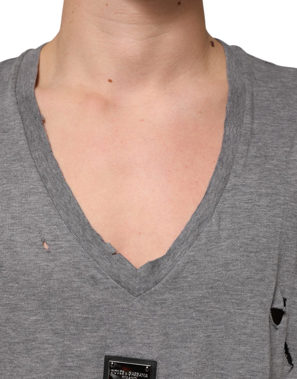 Dolce & Gabbana Gray Cotton Tattered Logo Patch Men T-shirt Zwart