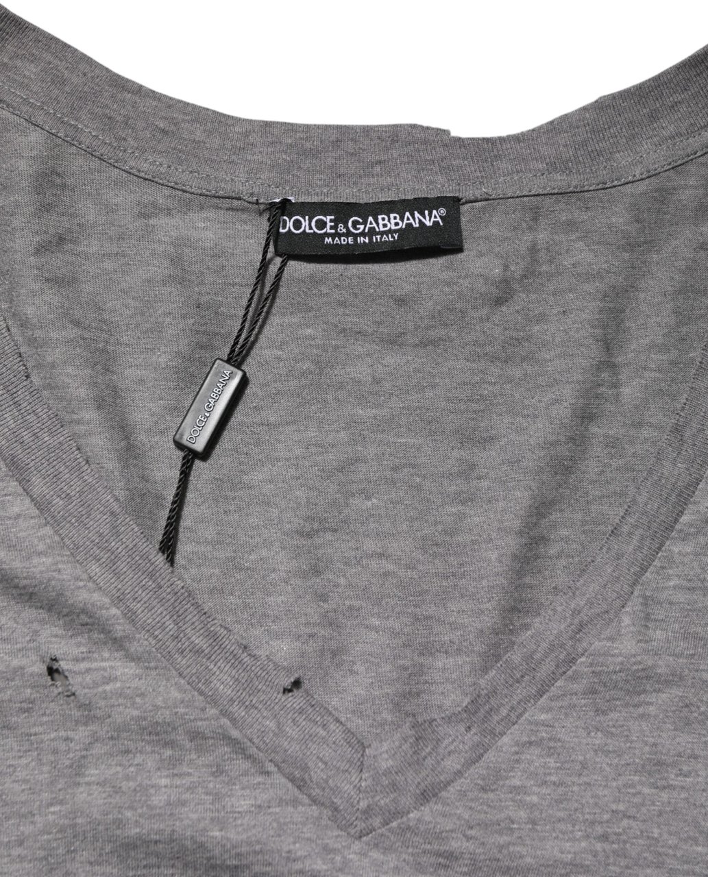 Dolce & Gabbana Gray Cotton Tattered Logo Patch Men T-shirt Zwart