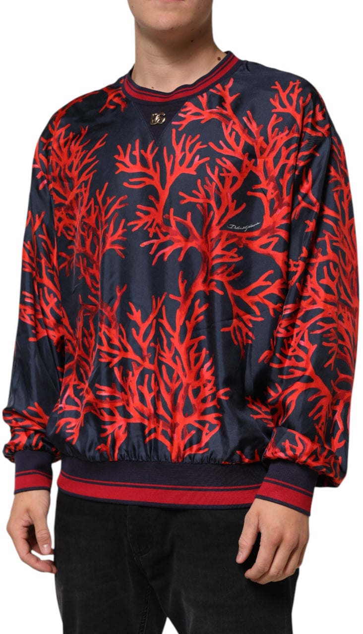 Dolce & Gabbana Silk Navy Red Coral Print Pullover Sweater Zwart