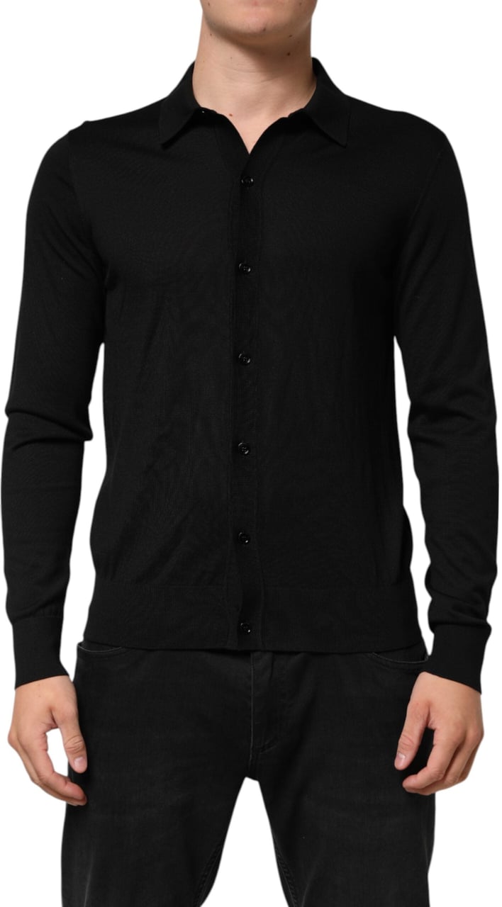 Dolce & Gabbana Black Silk Button Up Lightweight Sweater Zwart
