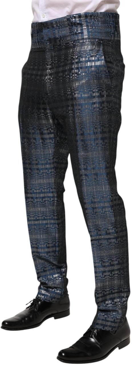 Dolce & Gabbana Blue Silver Shiny Silk Skinny Men Trouser Pants Blauw