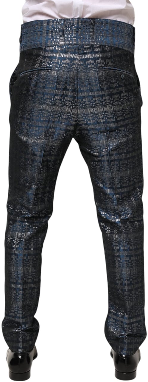 Dolce & Gabbana Blue Silver Shiny Silk Skinny Men Trouser Pants Blauw
