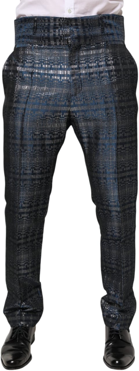 Dolce & Gabbana Blue Silver Shiny Silk Skinny Men Trouser Pants Blauw