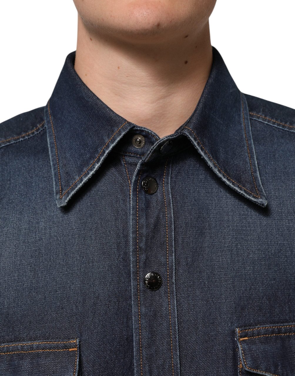 Dolce & Gabbana Blue Denim Button Casual Logo Patch Men Shirt Blauw