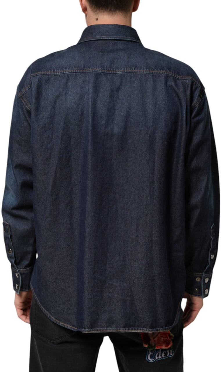 Dolce & Gabbana Blue Denim Button Casual Logo Patch Men Shirt Blauw