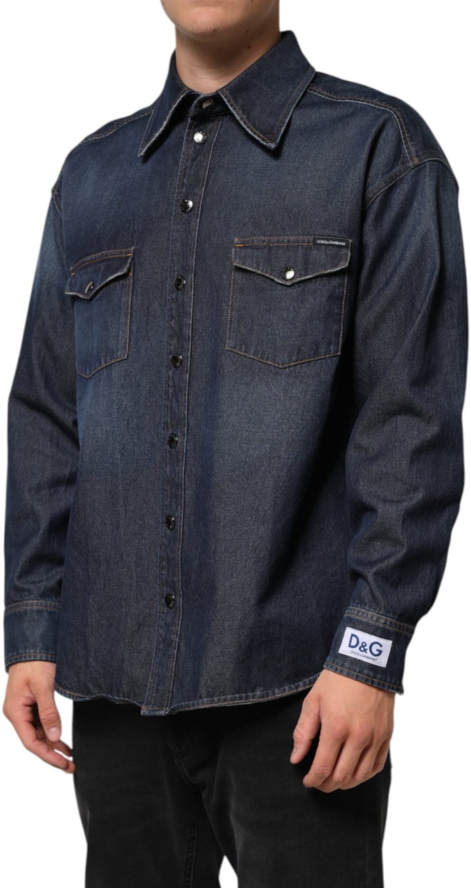 Dolce & Gabbana Blue Denim Button Casual Logo Patch Men Shirt Blauw