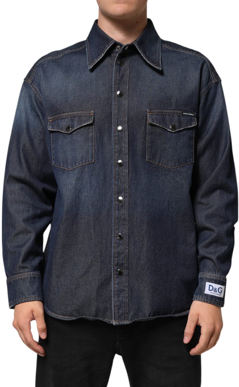 Dolce & Gabbana Blue Denim Button Casual Logo Patch Men Shirt Blauw