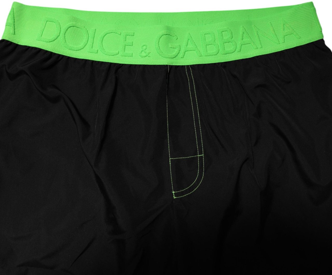 Dolce & Gabbana Black Green Logo Waistband Beachwear Short Swimwear Zwart