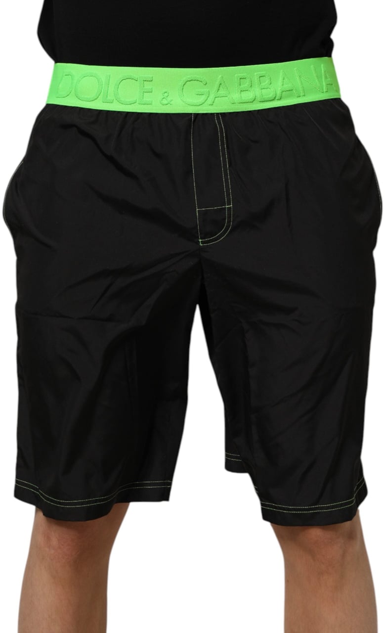 Dolce & Gabbana Black Green Logo Waistband Beachwear Short Swimwear Zwart