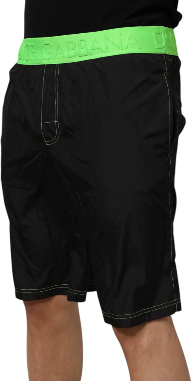 Dolce & Gabbana Black Green Logo Waistband Beachwear Short Swimwear Zwart