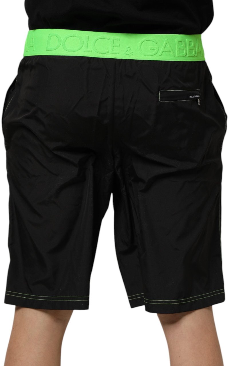 Dolce & Gabbana Black Green Logo Waistband Beachwear Short Swimwear Zwart