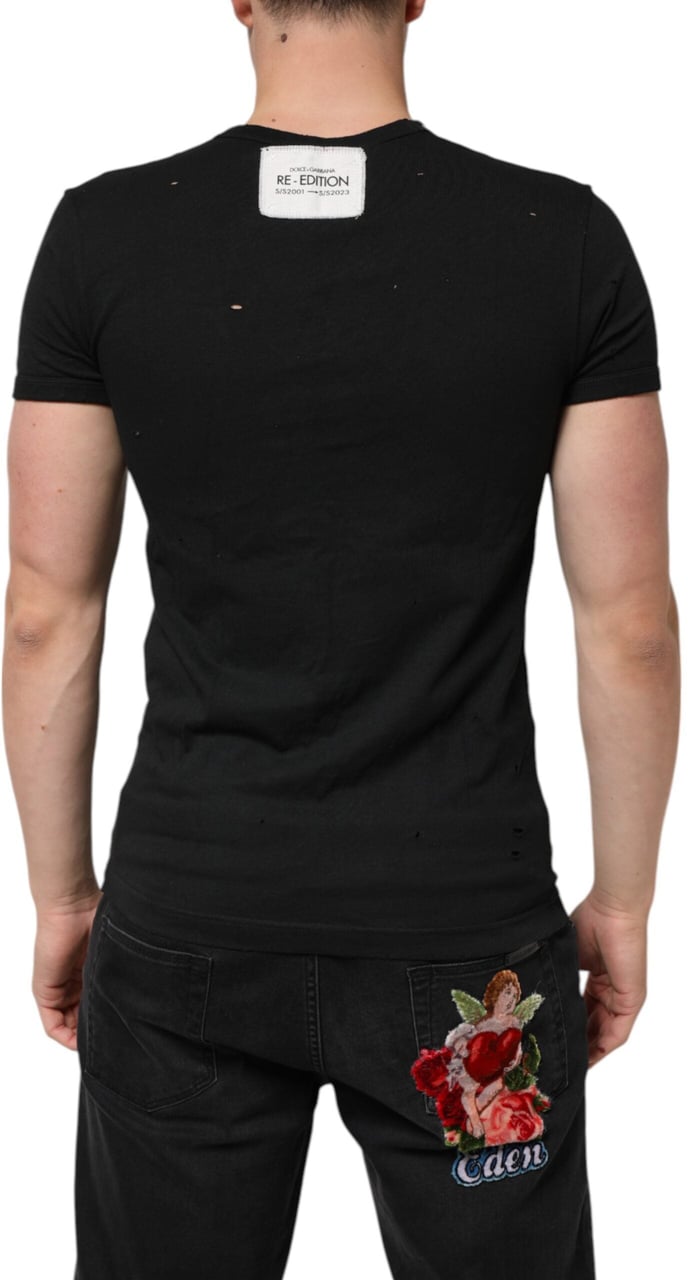 Dolce & Gabbana Black Cotton Tattered Logo V-Neck Men T-shirt Zwart