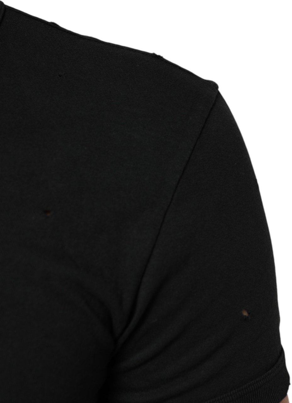 Dolce & Gabbana Black Cotton Tattered Logo V-Neck Men T-shirt Zwart