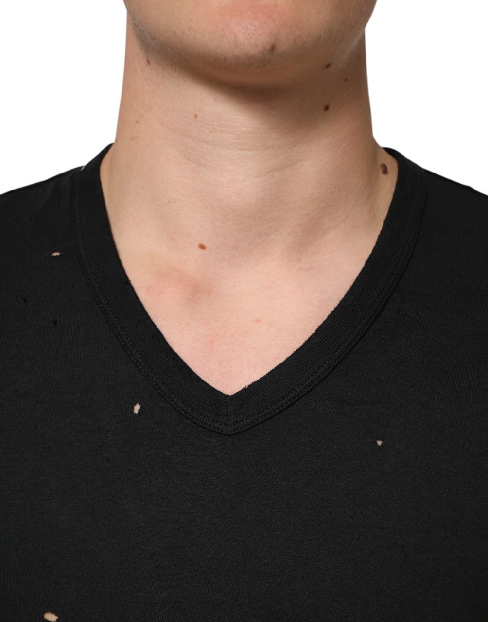 Dolce & Gabbana Black Cotton Tattered Logo V-Neck Men T-shirt Zwart