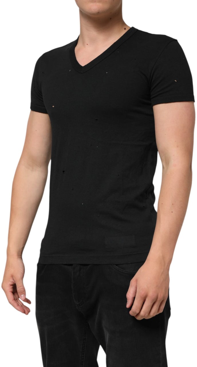 Dolce & Gabbana Black Cotton Tattered Logo V-Neck Men T-shirt Zwart