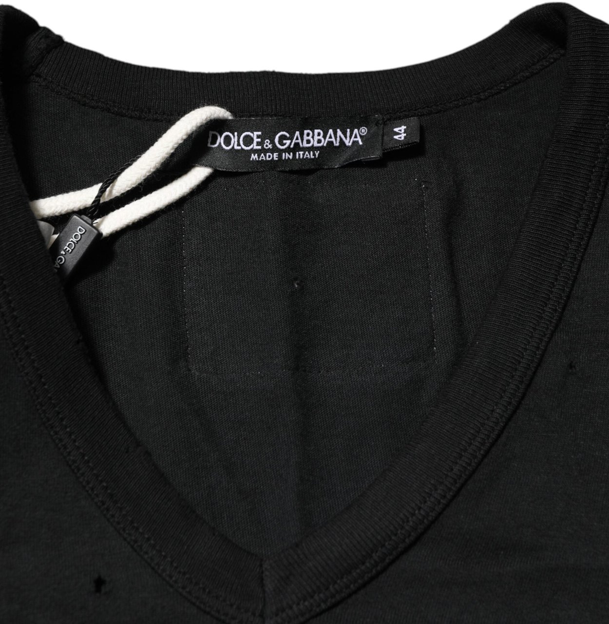 Dolce & Gabbana Black Cotton Tattered Logo V-Neck Men T-shirt Zwart