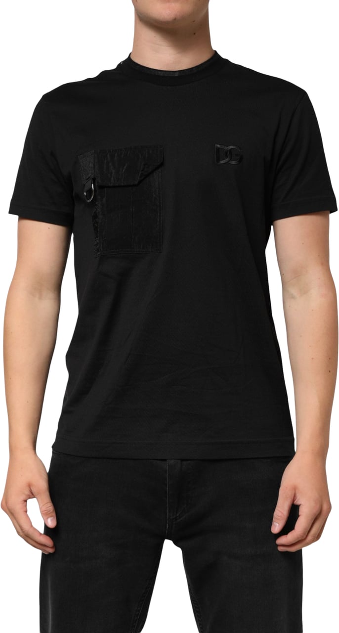 Dolce & Gabbana Black Cotton Embroidered DG Logo Pocket T-shirt Zwart