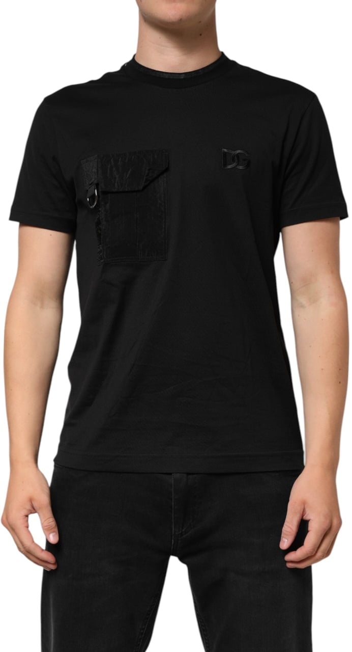 Dolce & Gabbana Black Cotton Embroidered DG Logo Pocket T-shirt Zwart