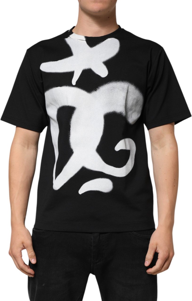 Dolce & Gabbana Black Cotton DG Logo Graffiti Short Sleeve T-shirt Zwart