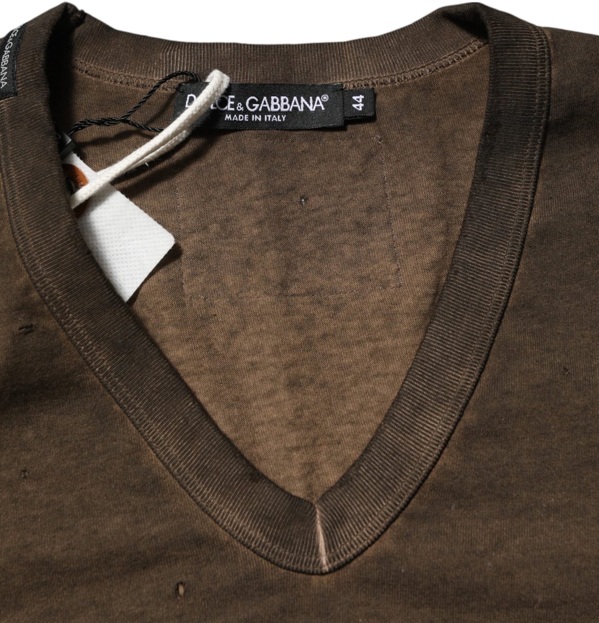 Dolce & Gabbana Dark Brown Cotton Tattered Logo Men T-shirt Bruin