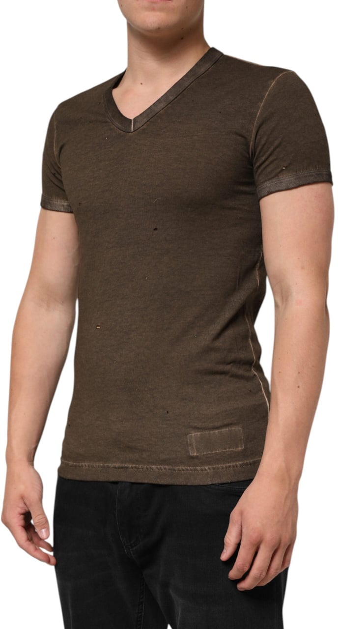 Dolce & Gabbana Dark Brown Cotton Tattered Logo Men T-shirt Bruin