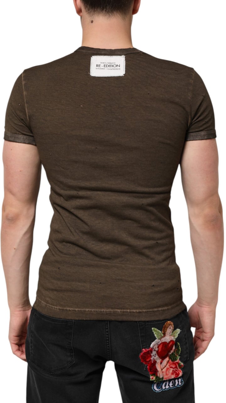 Dolce & Gabbana Dark Brown Cotton Tattered Logo Men T-shirt Bruin